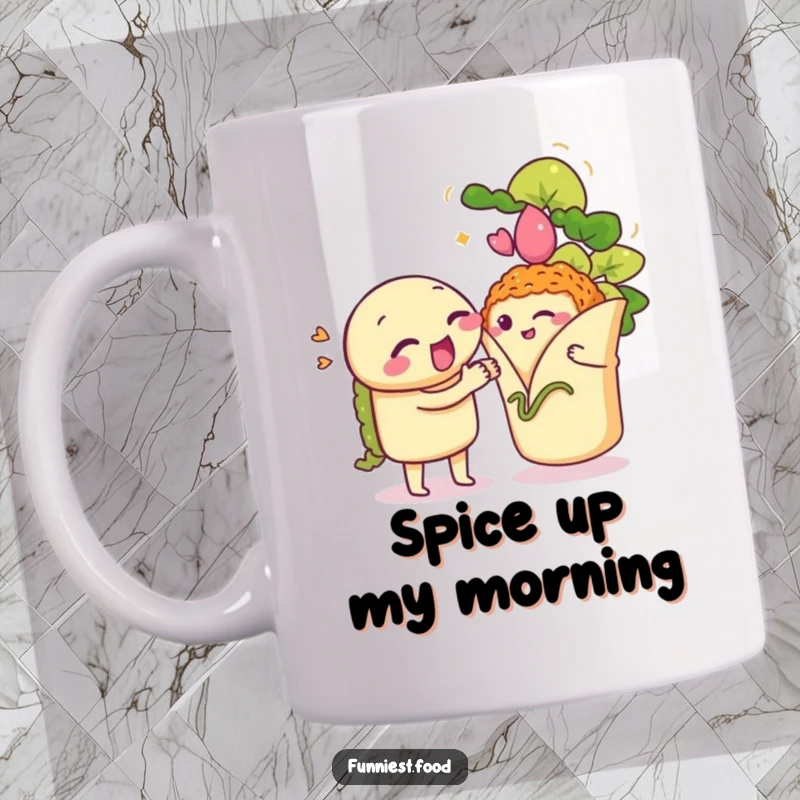 Funny Taco Mug: A winking taco character serenades a shy burrito, capturing a moment of playful, food-inspired romance.