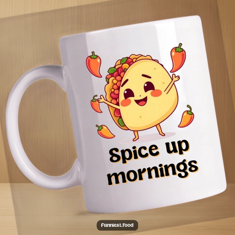 Funny Mug: A smiling taco character determinedly juggles tiny spicy peppers, showcasing its culinary dexterity with a mischievous grin.