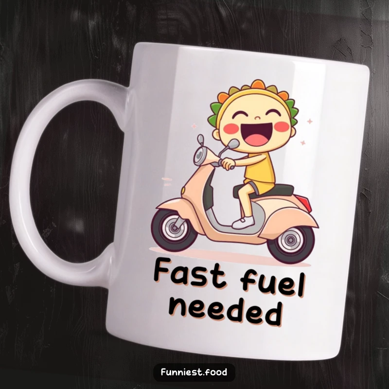 Funny mug featuring a laughing taco character speeding on a scooter with dramatic speed lines.