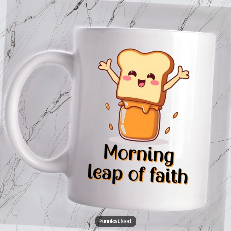 Funny Mug: A smiling piece of toast joyfully leaps over a jam jar, spreading breakfast cheer.