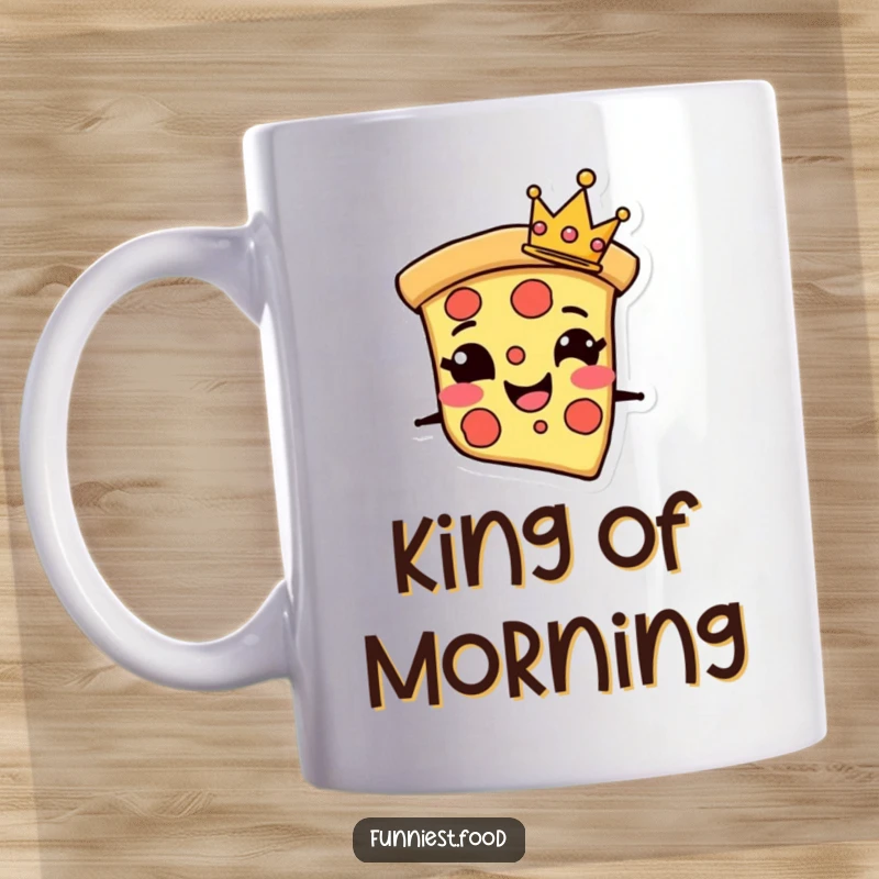 Funny Mug with a grinning pizza slice character wearing a tiny crown, exuding cheesy confidence and regal charm.