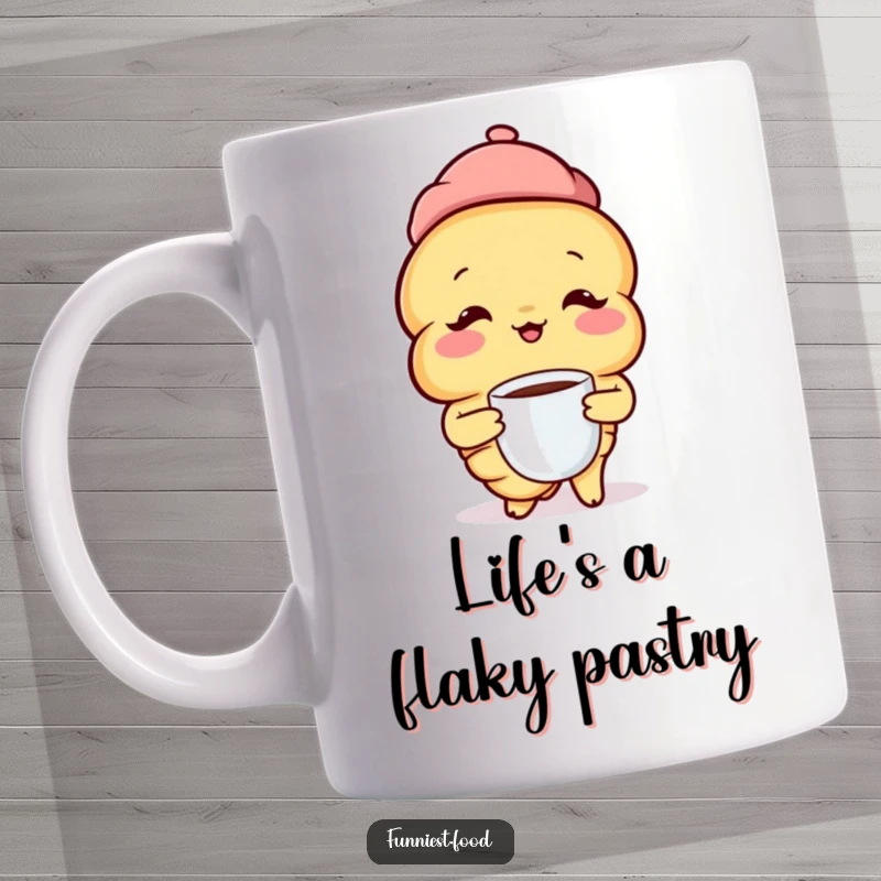 Funny Croissant Mug: A cheerful French croissant with a beret sips coffee, embodying a delightful morning mood.