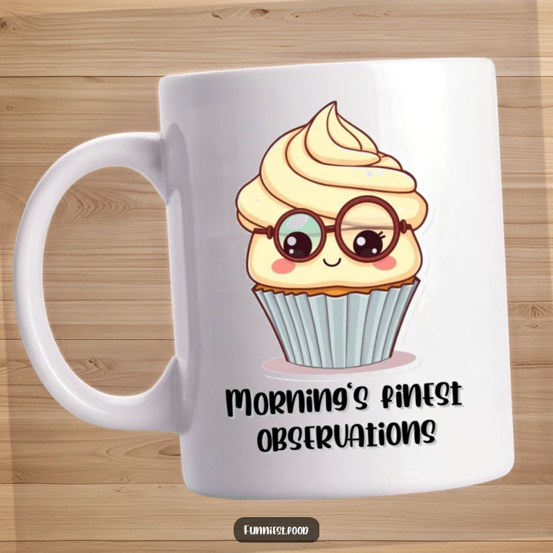 Funny Cupcake Monocle Mug: A proud cupcake with a monocle looks inquisitively, exuding charm and humor, perfect for a sophisticated funny gift.