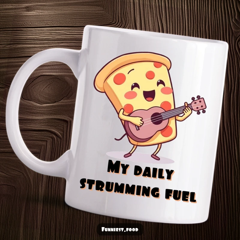 Funny Pizza Mug: A bouncing pizza slice character enthusiastically plays a tiny ukulele, spreading musical joy and delicious vibes.