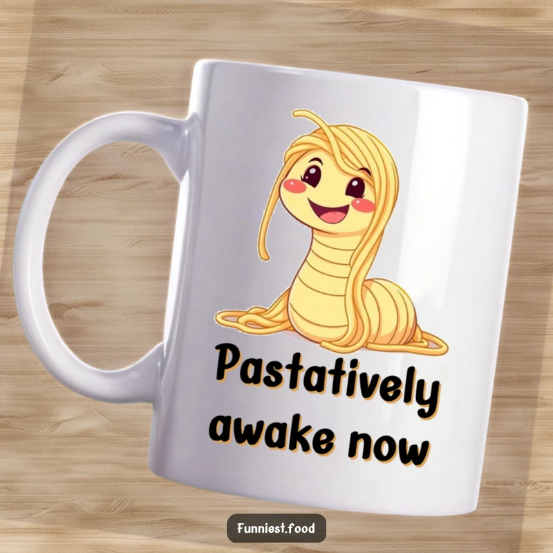Funny mug featuring a wiggly worm made entirely of spaghetti, smiling widely with a joyful, humorous expression, a unique food gift.