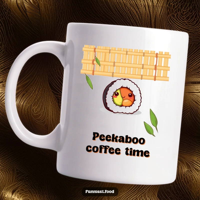 Funny mug showing a shy sushi roll character peeking from behind a bamboo mat, conveying a sweet and bashful foodie personality.