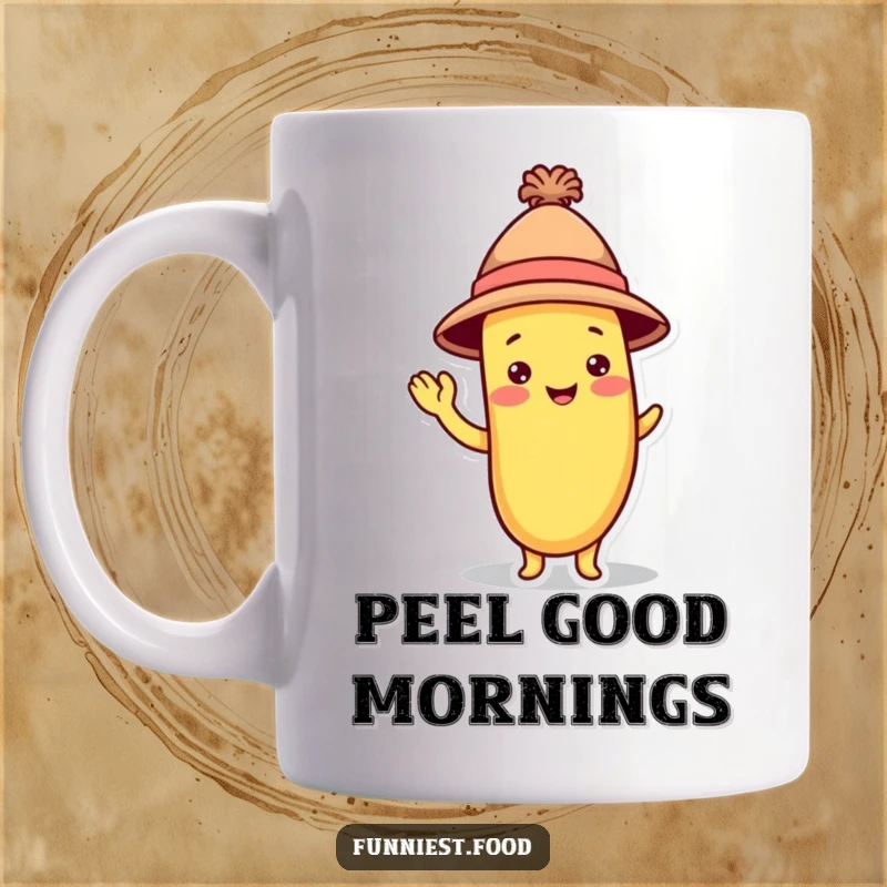 Funny Banana Mug: A playful banana character in a hat waves hello with a silly grin, spreading fruity cheer.