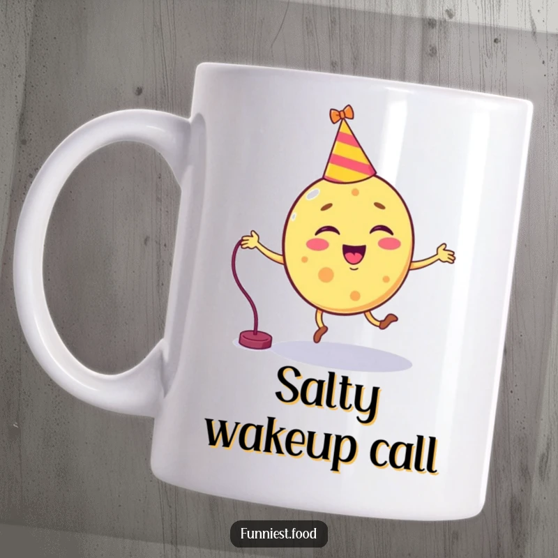 Funny cheesy chip character wearing a party hat trying to jump rope on a mug.
