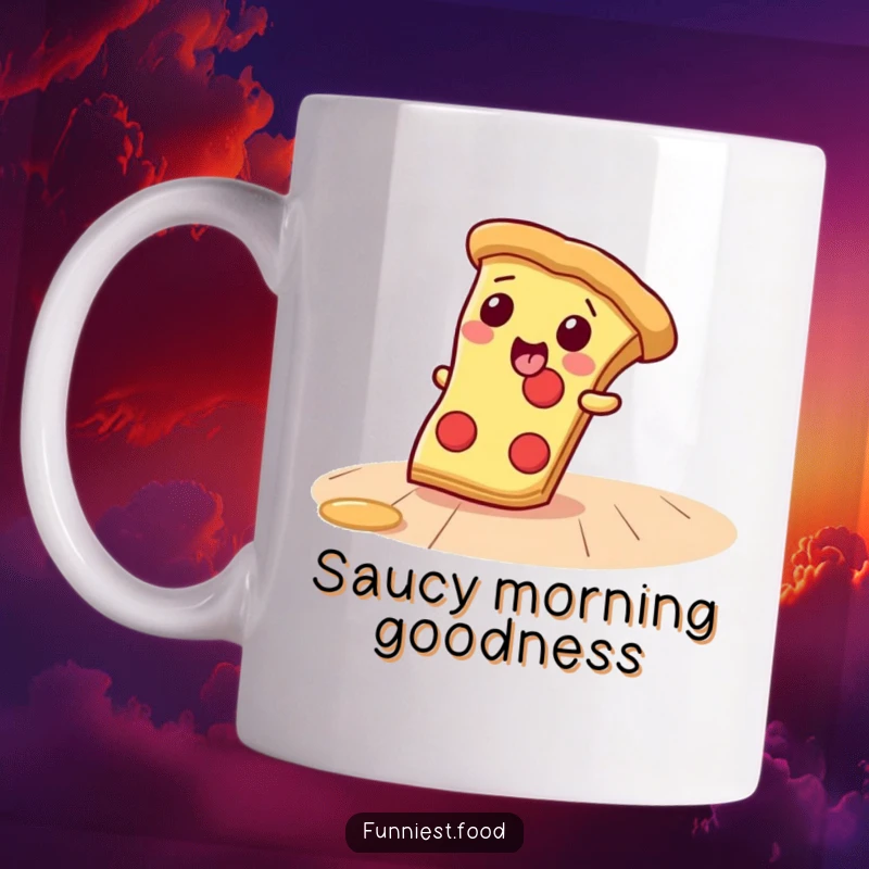 Funny Mug featuring a giggling pizza slice character sliding gleefully across a floor, embodying pure, unadulterated joy.