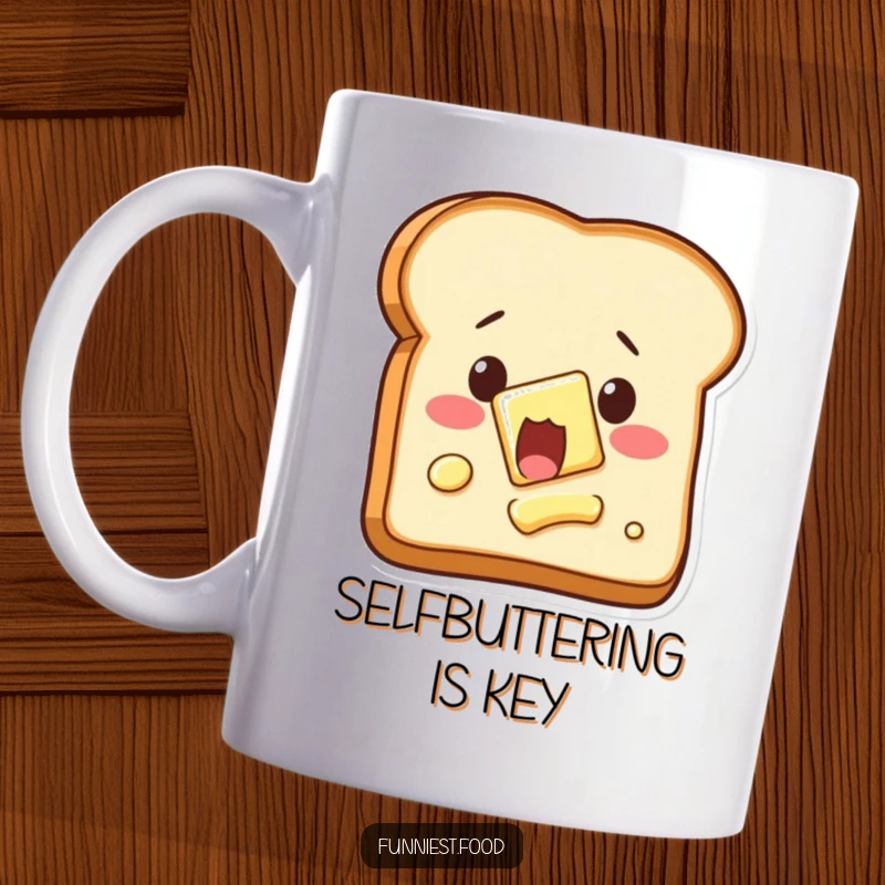 Funny shocked toast mug, with butter spreading itself, a humorous breakfast scene.