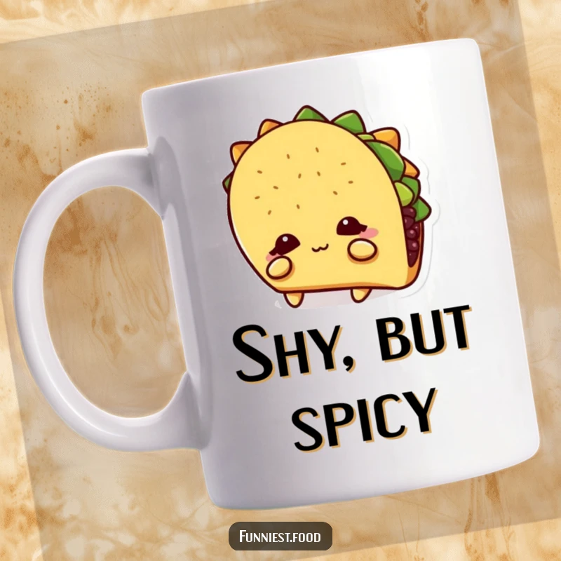 Funny Mug: A shy taco character peeks out from behind its own elongated shadow, conveying sweet introversion.