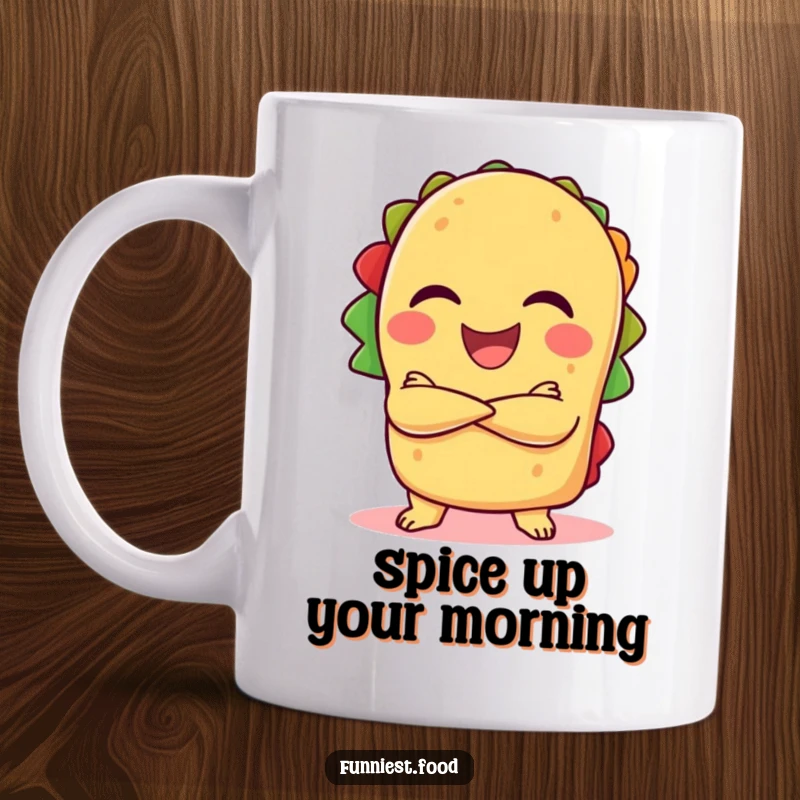 Funny laughing taco with crossed arms, striking a confident pose on a mug, a bold and humorous character.