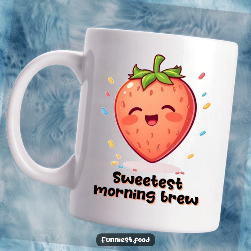 Funny Strawberry Mug: A delighted strawberry character happily tries to catch falling colorful sprinkles, embodying pure joy.