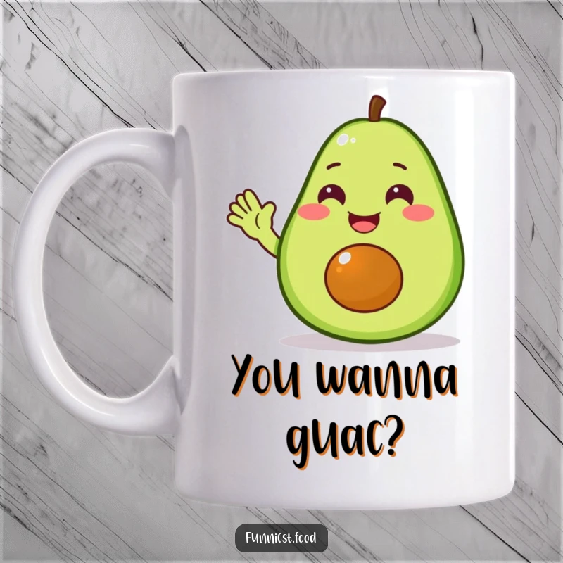 Funny avocado mug featuring a delighted avocado character joyfully waving hello, perfect for a cheerful and humorous gift.