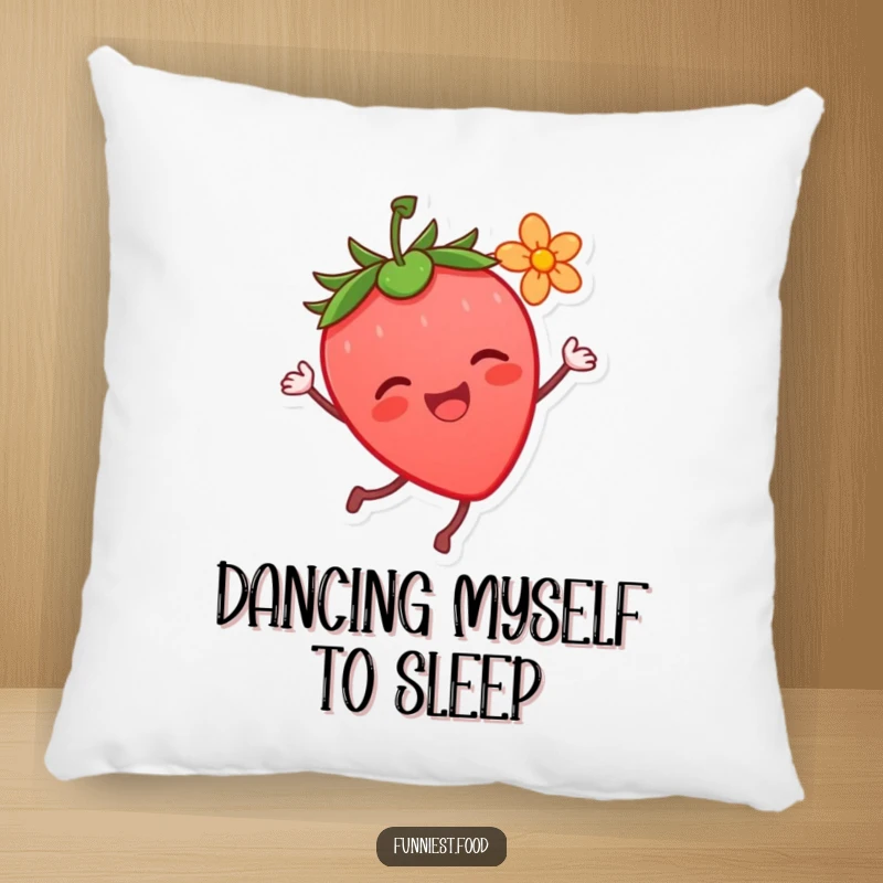 Funny Strawberry Dance Pillow: A plush pillow featuring a joyful strawberry character dancing with a flower, offering comfort and a funny gift.