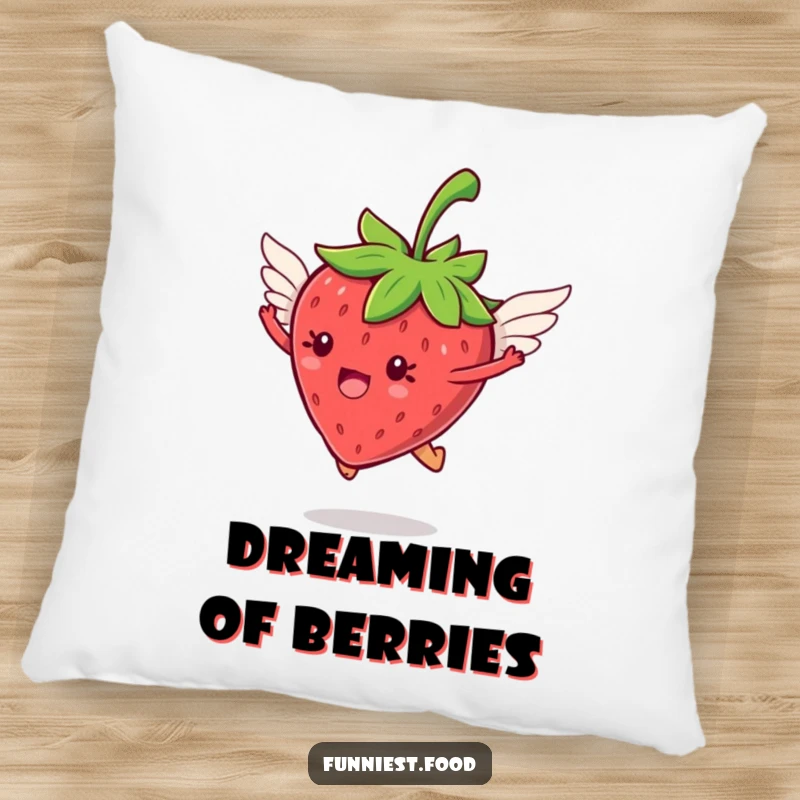 Funny jumping strawberry with tiny wings flying on a plush pillow, offering whimsical comfort and charm, a perfect funny gift.
