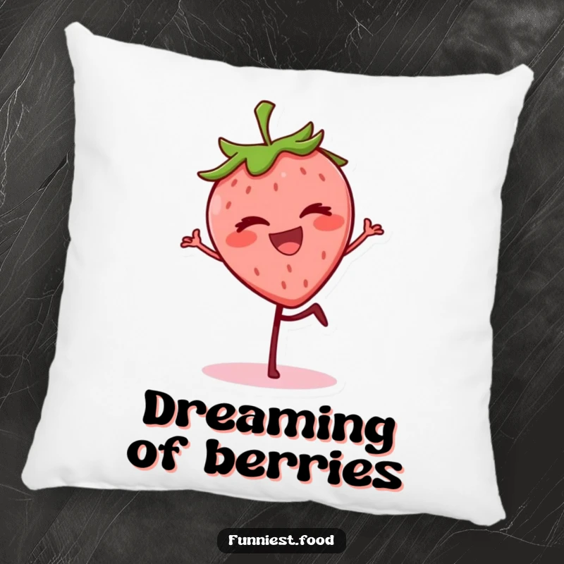 Funny grinning strawberry balancing on one leg, winking on a plush pillow, a soft and humorous decorative item.