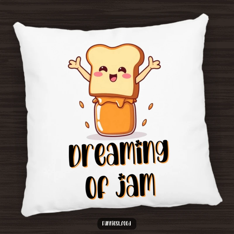 Funny Pillow: A soft, plush pillow featuring a smiling toast character leaping over a jam jar, bringing cozy humor.