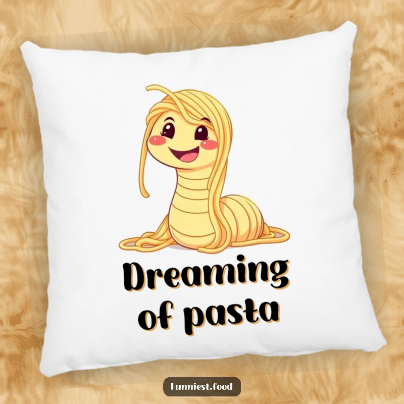 Funny decorative pillow featuring a smiling worm made of spaghetti, offering cozy comfort and a touch of whimsical, humorous charm.