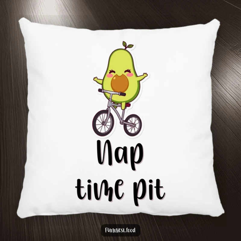 Funny avocado character balancing on a unicycle on a throw pillow, bringing comfort and healthy humor.