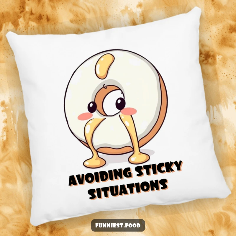Funny decorative pillow with a blushing donut character trying to escape syrup, offering comfort and a sweet humorous touch.