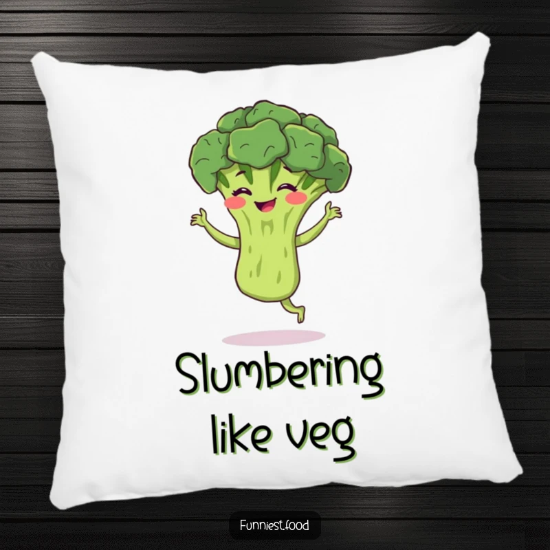 Funny broccoli pillow featuring a bouncing broccoli performing a silly jig with a grin, offering comfy humor and a fun gift.