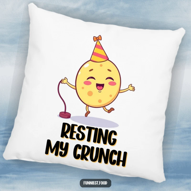 Funny chip character attempting to jump rope on a throw pillow, bringing comfort and a dose of snack humor.