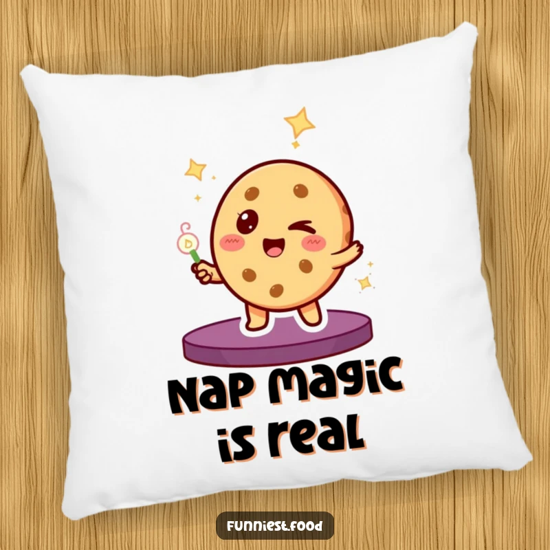 Funny Pillow: A soft pillow with a winking cookie magician performing a spell, offering comfort and humor.
