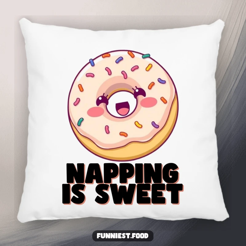 Funny Pillow: A happy donut with colorful sprinkles bounces with excitement, bringing soft, sweet humor and comfort to any room.