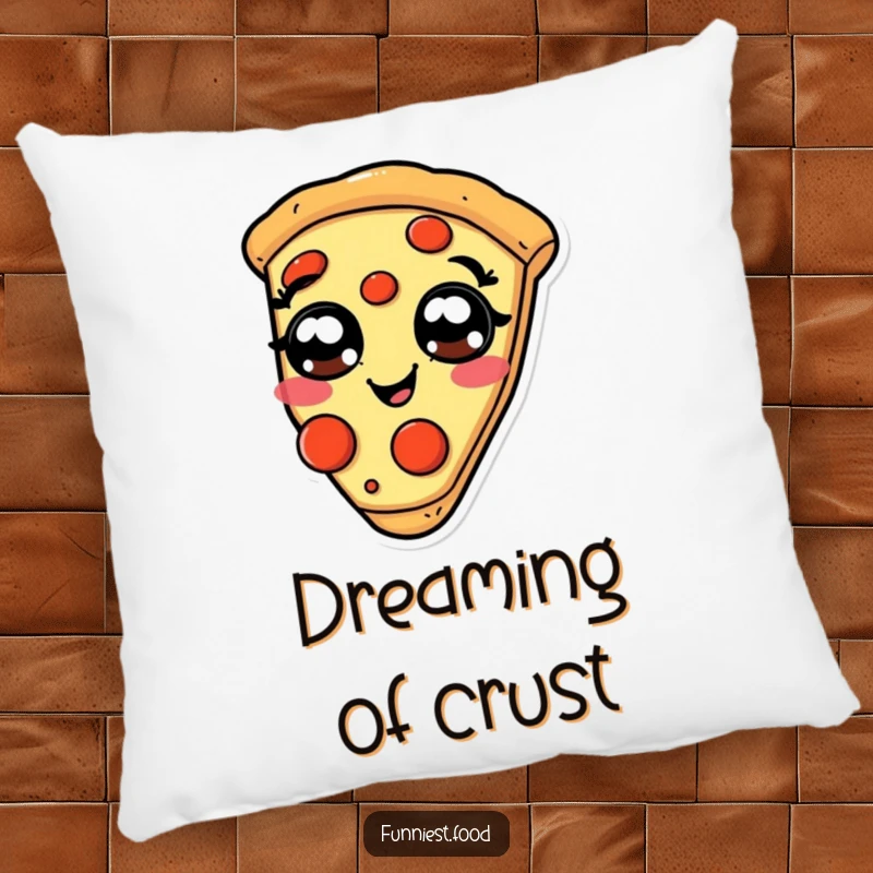Funny giggling pizza pillow, a slice with pepperoni eyes, soft and humorous cushion.