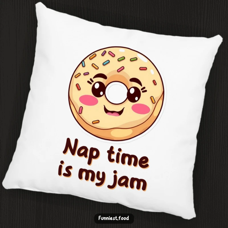 Funny goofy donut with sprinkles making a silly face on a plush pillow, offering comfort and humor, a perfect funny gift.