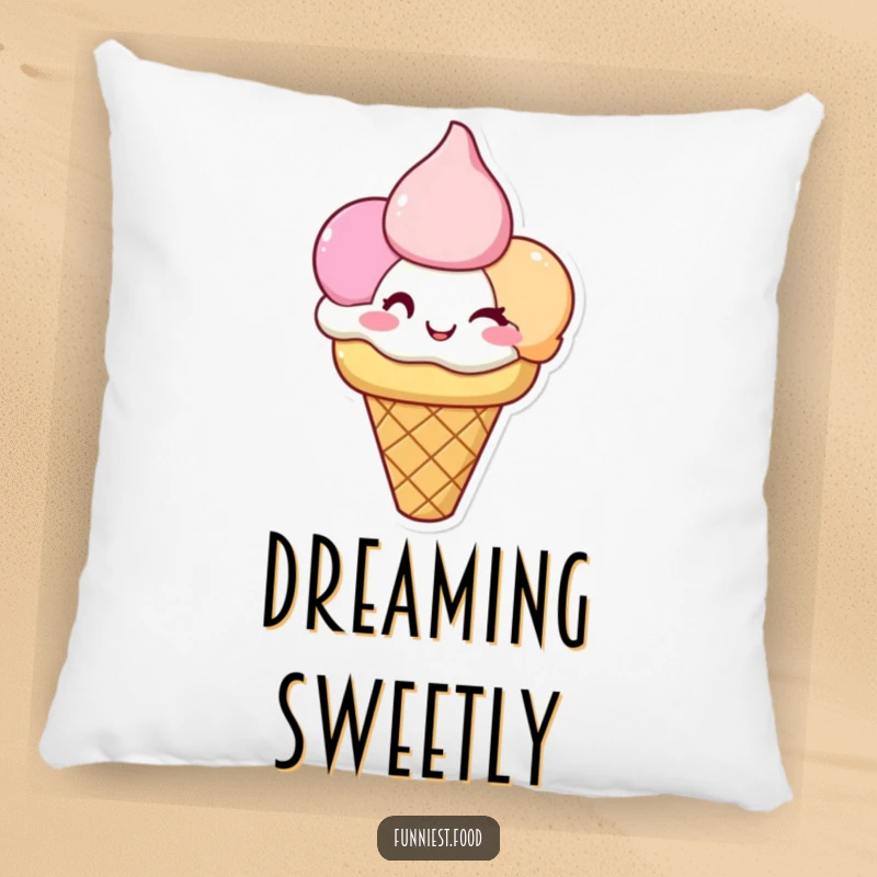 Funny Ice Cream Pillow: A happy triple-scoop ice cream cone winks, perfect for adding comfort and sweet humor.