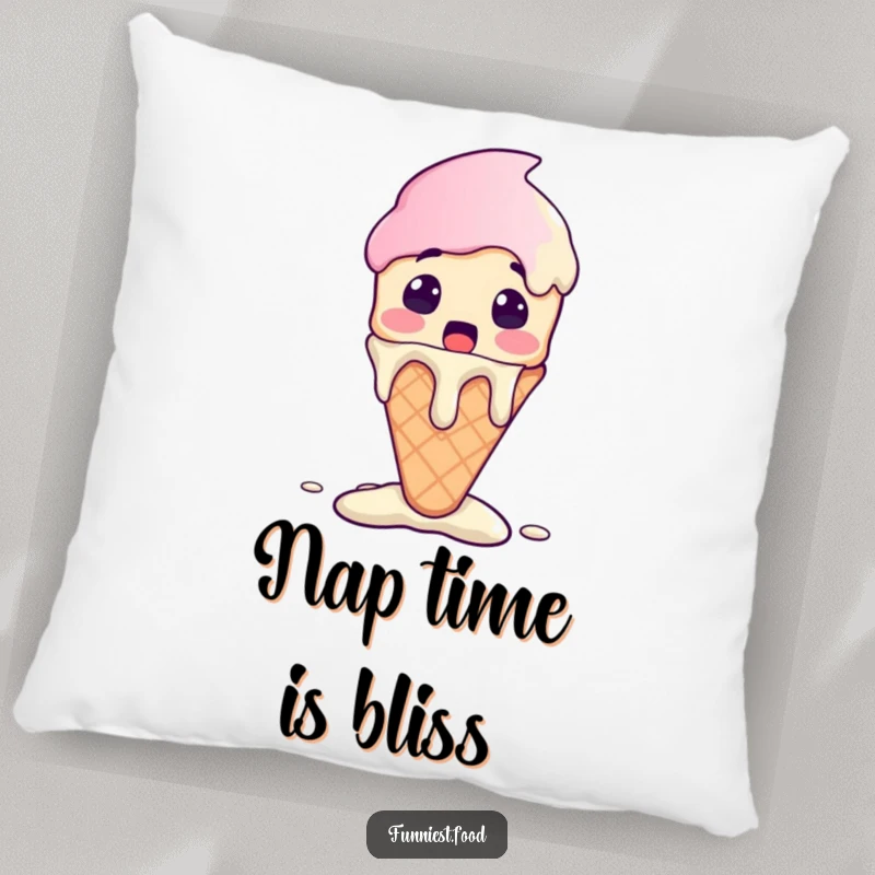 Funny Ice Cream Pillow featuring a surprised ice cream cone character melting with excitement, soft and charming decor.