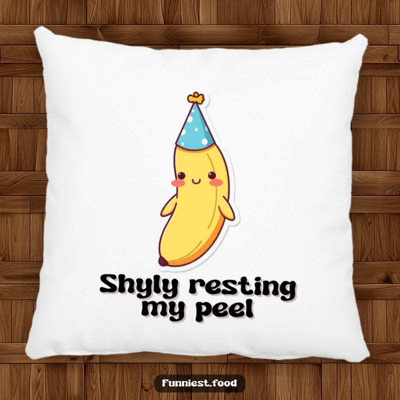 Funny shy banana with a party hat, depicted on a plush pillow, offering comfort and quiet smiles, a sweet funny gift.