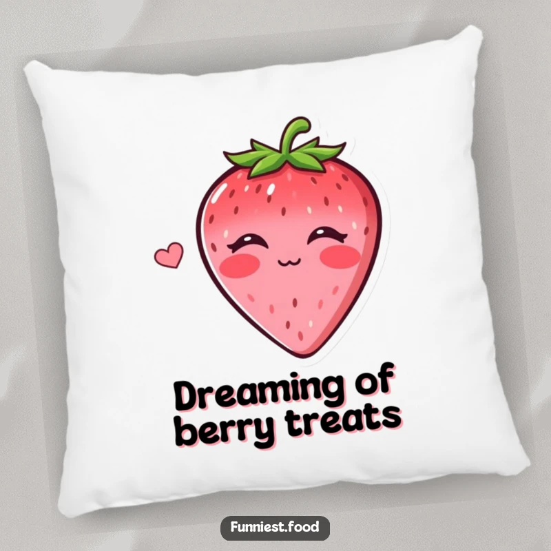 Funny decorative pillow featuring a smiling strawberry blowing a kiss, adding sweet charm and humorous appeal to any cozy space.