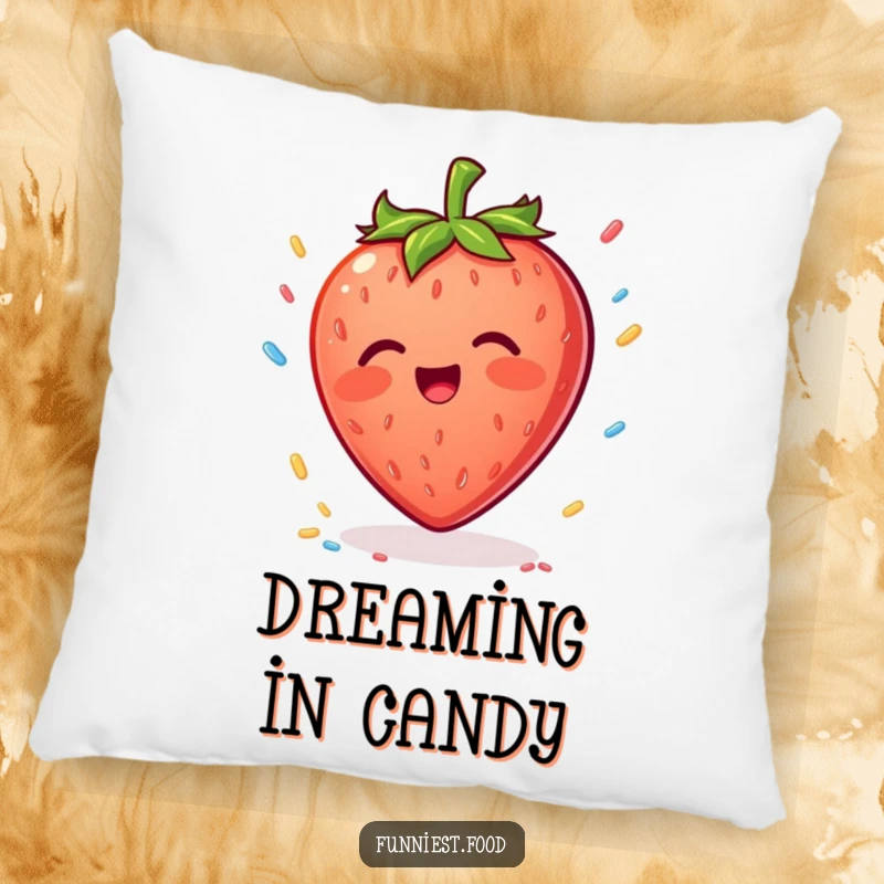 Funny Strawberry Pillow: A soft pillow featuring a delighted strawberry character reaching for falling colorful sprinkles.
