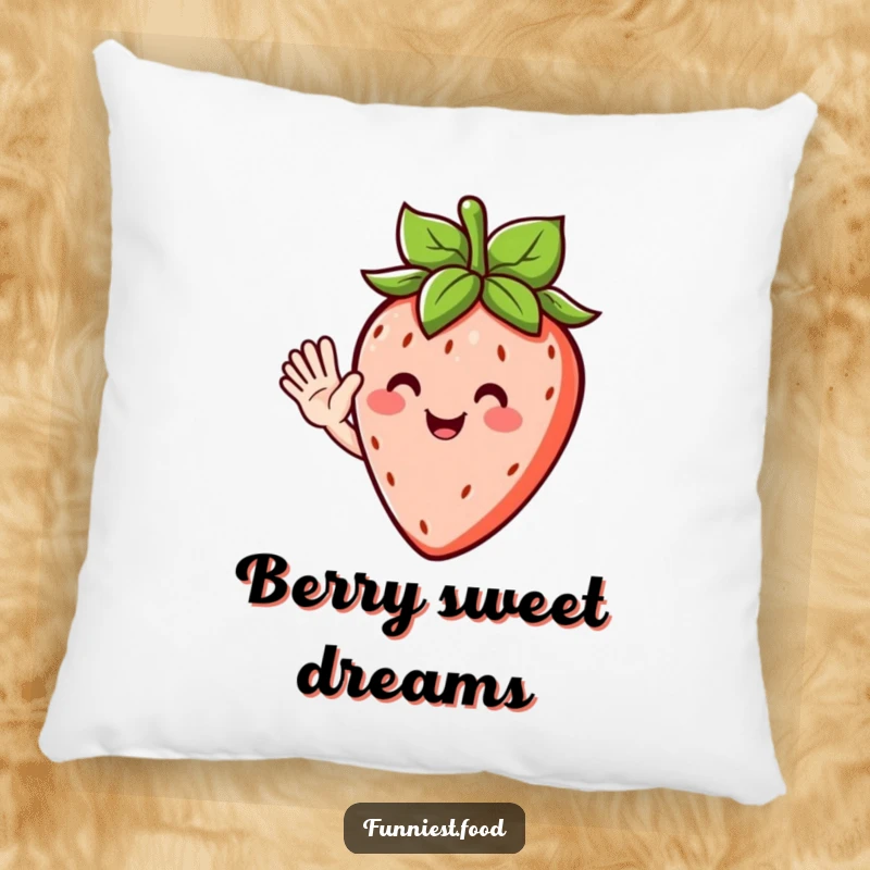Funny pillow featuring a happy strawberry character with leafy hair, giving a soft and humorous wave for maximum comfort.