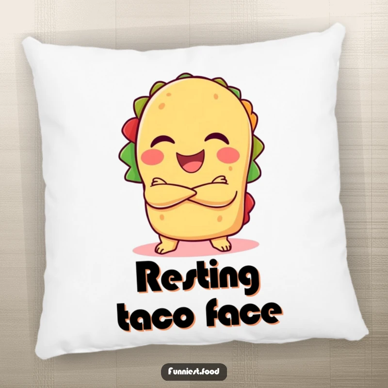 Funny laughing taco with crossed arms on a plush pillow, a soft and humorous decorative item.
