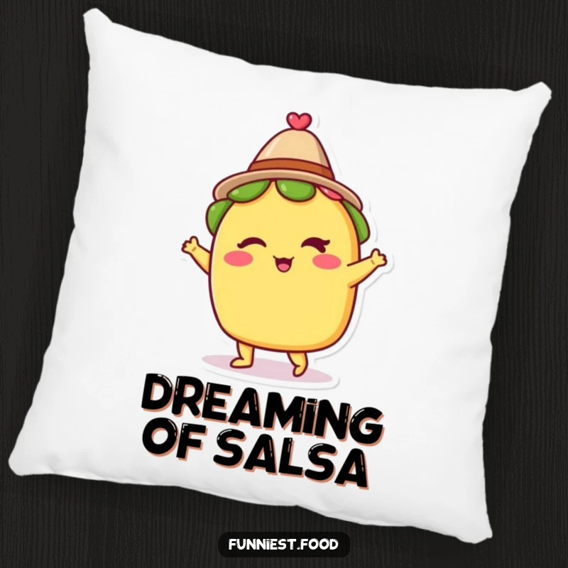 Funny throw pillow featuring a winking taco in a tiny hat, dancing with joy, bringing a playful and festive touch to any seating area.