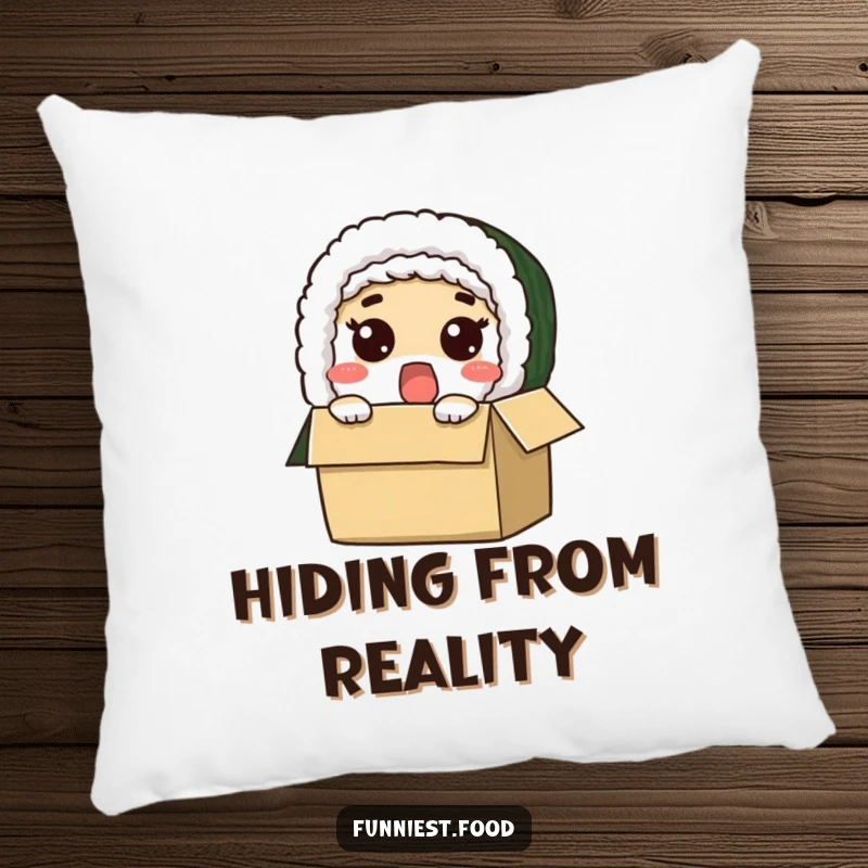 Funny decorative pillow with a surprised sushi roll character peeking comically from a box, offering comfort and humor.