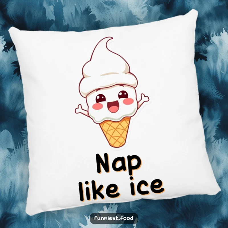 Funny Pillow with an excited ice cream cone character wearing a cone hat, offering cozy comfort and sweet charm.