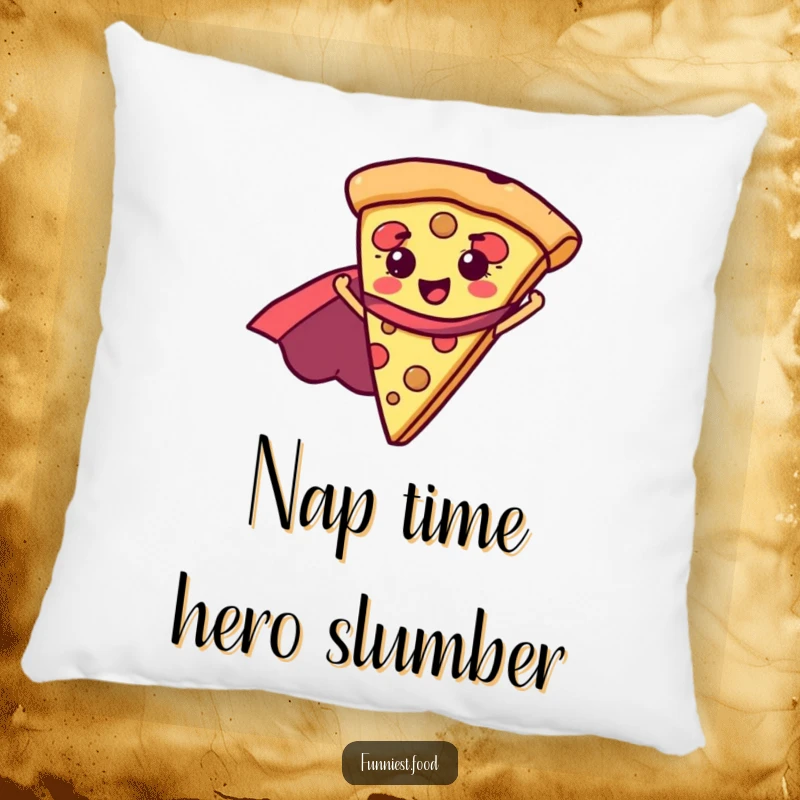 Funny pizza slice wearing a superhero cape, depicted on a plush pillow, ideal for relaxation and humorous decor, a cozy funny gift.