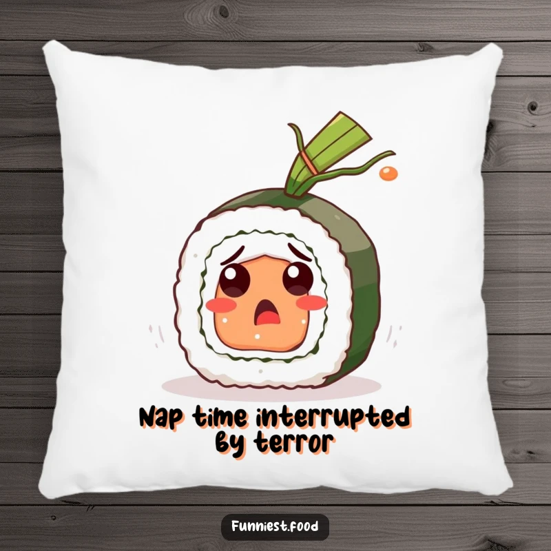 Funny Sushi Roll Pillow: A plush pillow featuring a startled sushi character reacting to flying seaweed, offering comfort and a funny gift.