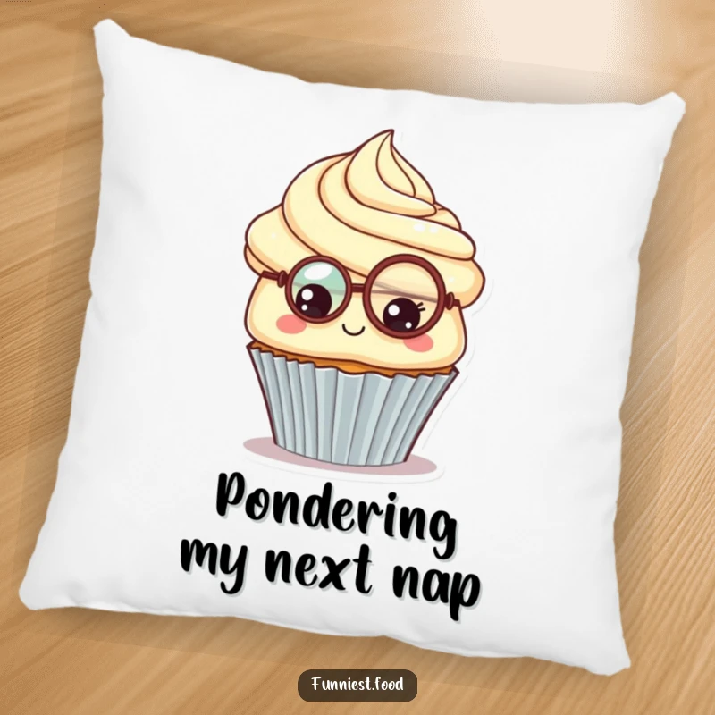 Funny Cupcake Monocle Pillow: A soft pillow featuring a proud, inquisitive cupcake with a monocle, offering cozy comfort and a funny gift.