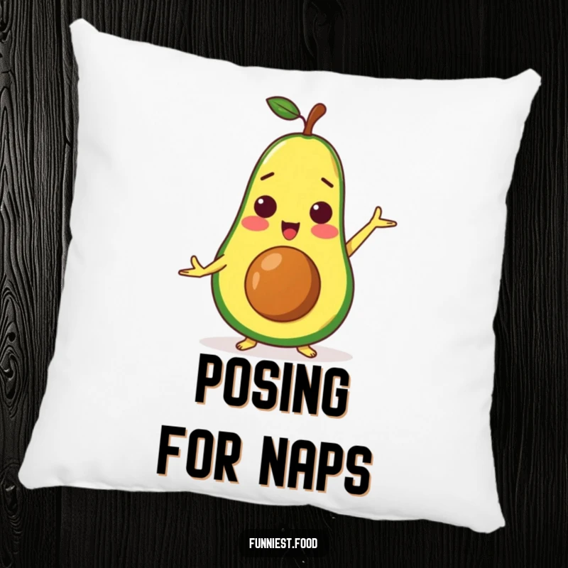Funny surprised avocado character doing a yoga pose, a soft and humorous pillow for cozy, calm moments.