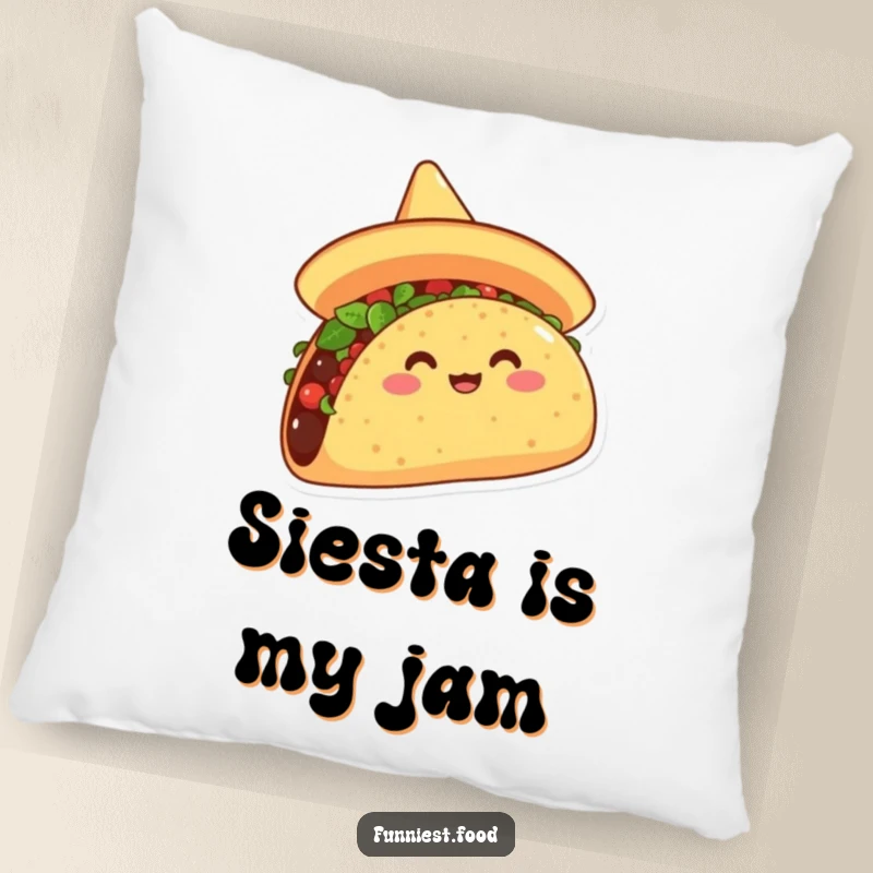 Funny throw pillow featuring a delighted taco sporting a sombrero, tipping it in a comical, festive gesture, perfect for humorous decor.
