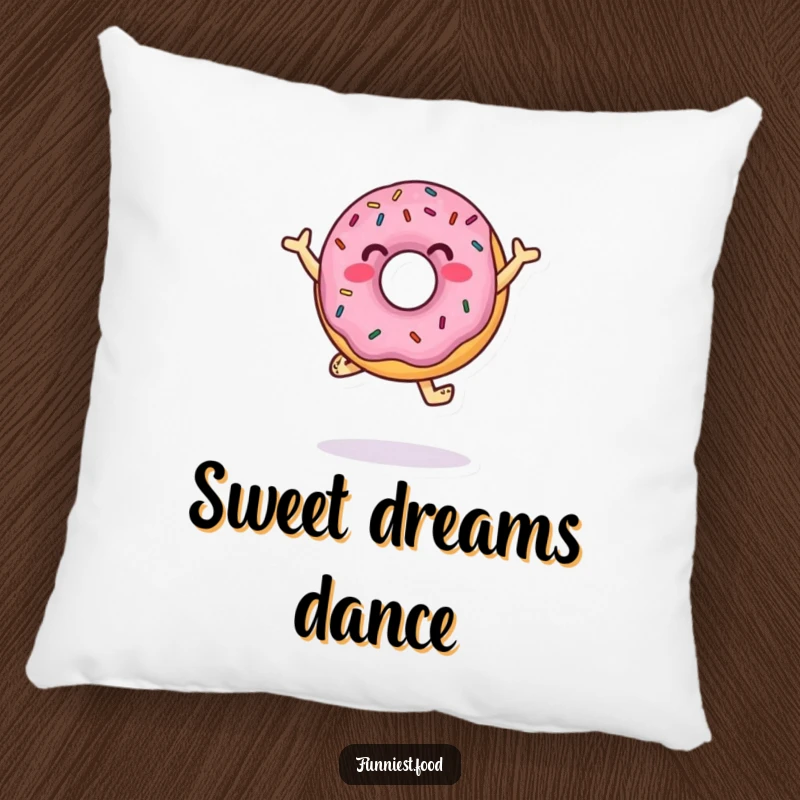 Funny Pillow featuring a jumping donut character with sprinkles in a dance pose, adding playful charm and comfort.