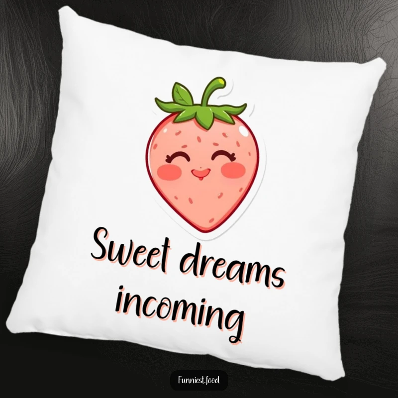 Funny strawberry pillow with a cheerful red strawberry blowing a kiss, perfect for adding a touch of whimsical comfort to any sofa.