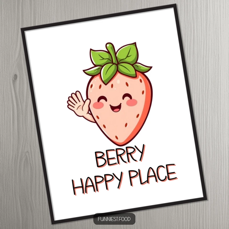 Funny digital art print of a happy strawberry character with leafy hair, waving enthusiastically with a cheerful disposition.