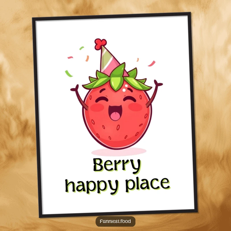 Funny digital art print of an excited strawberry in a party hat, cheering with streamers, bringing festive humor instantly.